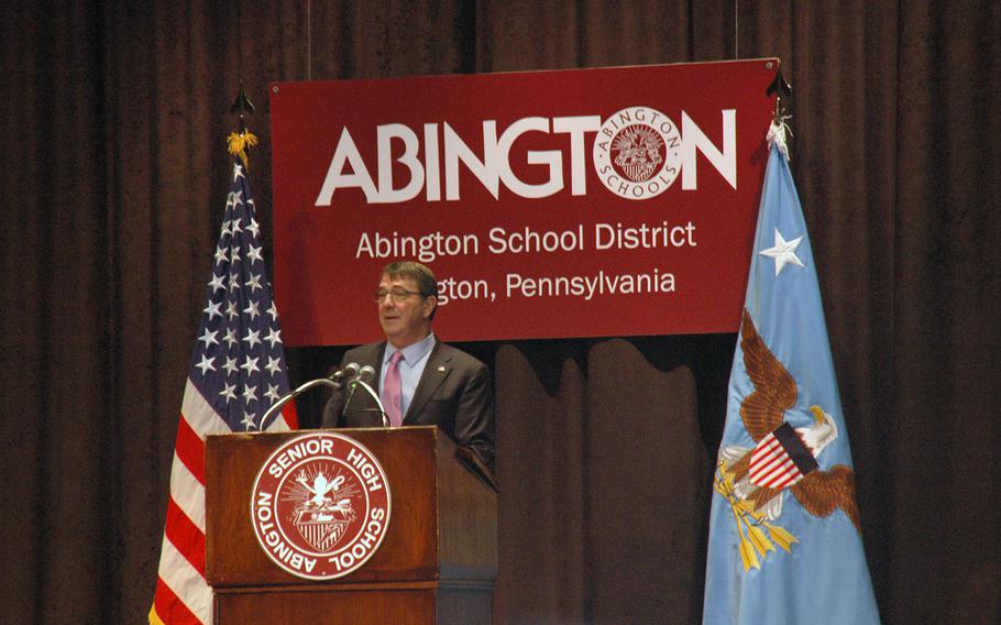 Secretary of Defense Ash Carter speaks to students at Abington Senior High in Abington, Pa. on Mar. 30.