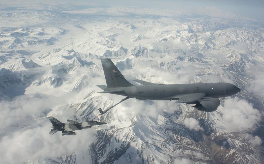 A U.S. Air Force F-16 Fighting Falcon from the 354th Fighter Wing at Eielson Air Force Base, Alaska, is refueled by a U.S. Air Force KC-135 Stratotanker from Fairchild Air Force Base, Wash., on May 4, 2015, during Red Flag-Alaska 15-2.