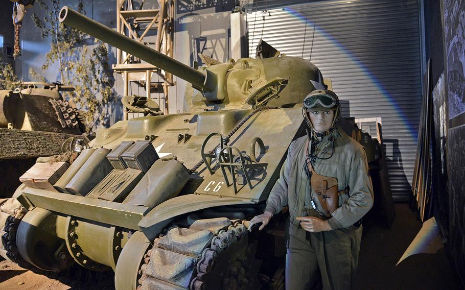 An M4A4 Sherman tank on display at the Overlord Museum in Colleville-sur-Mer. This tank is one of many D-Day-era vehicles at the museum, just up the road from Omaha Beach and near Normandy American Cemetery.