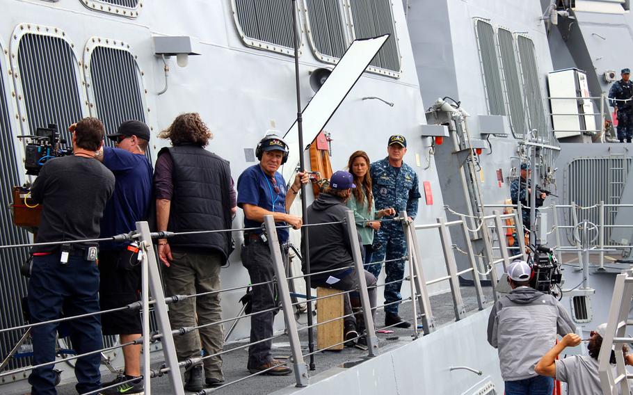 Eric Dane and Rhona Mitra, who play Cmdr. Tom Chandler and Dr. Rachel Scott in "The Last Ship," shoot a scene for the show's second season recently aboard the USS William P. Lawrence at Naval Base San Diego.
