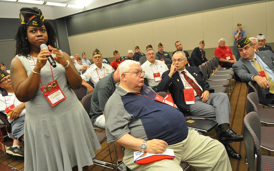 A member of the Veterans of Foreign Wars asks a question during a session on how to attract young members. The VFW's membership has been declining for years as its members age.