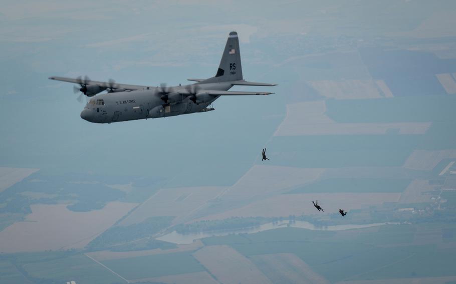 U.S. and Bulgarian paratroopers jump from a C-130J Super Hercules during a high-altitude, low-opening jump over Plovdiv, Bulgaria, on Tuesday, July 14, 2015.