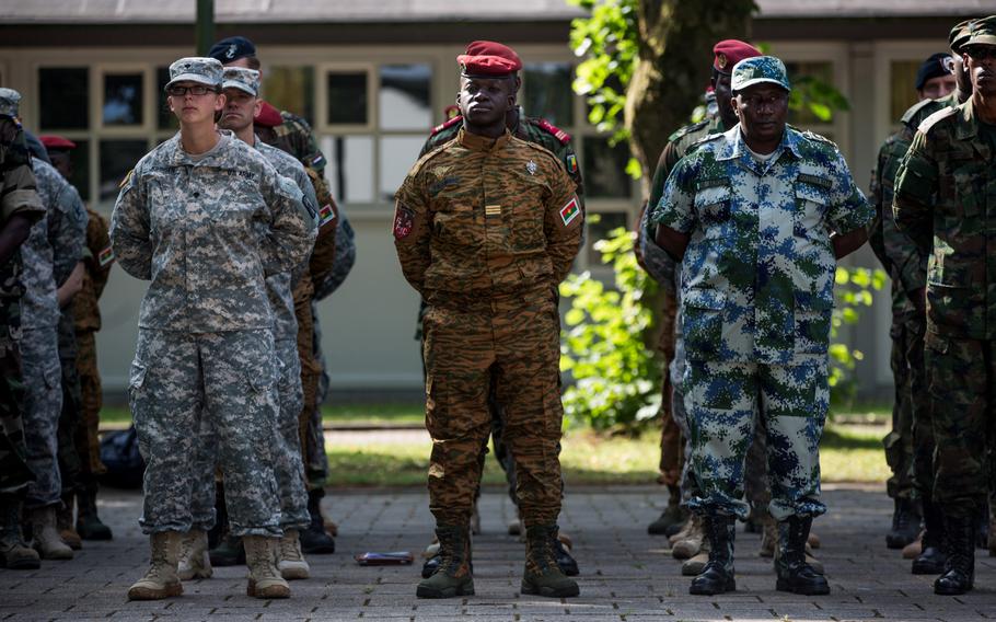 U.S., African and European servicemembers stand in formation during the opening ceremony for Western Accord 2015, a command post exercise, at Harskamp, The Netherlands, July 20, 2015.