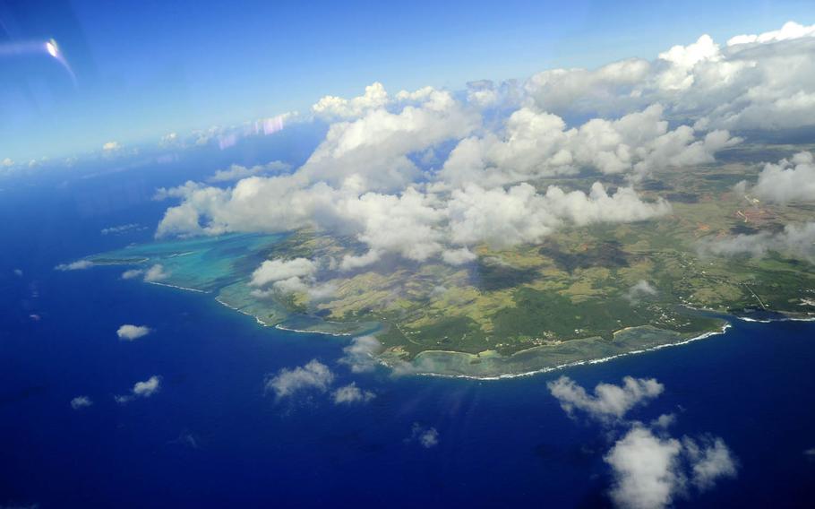 A view of Tumon Bay, Guam, from an F-16D Fighting Falcon on Feb. 21, 2011. Searches are being conducted for an Okinawa-based Marine who was swept out to sea Sunday, Aug. 9, 2015, while swimming near Tumon Bay.