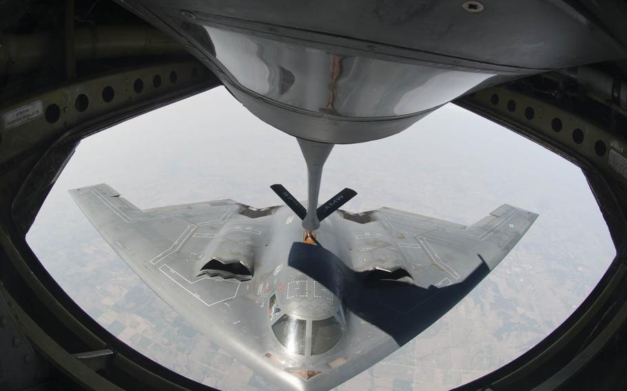 A B-2 Spirit stealth bomber from Whiteman Air Force Base, Mo., is refueled during a training mission Aug. 29, 2012. The United States is sending 3 B-2 bombers to Guam amid heightened tensions on the Korean Peninsula.