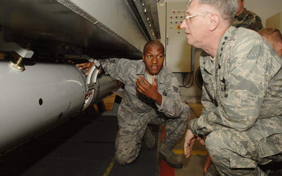 Gen. Roger Brady, then-USAFE commander, is shown B61 nuclear weapon disarming procedures on a inert training version in an underground vault at Volkel Air Base, The Netherlands, on June 11, 2008.