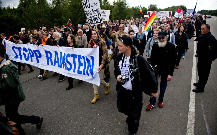 Protesters outside Ramstein Air Base, Germany, on Saturday, Sept. 26, 2015. The group Stopp Ramstein -- no Drone War organized the event, demonstrating against the U.S. drone program overseas.