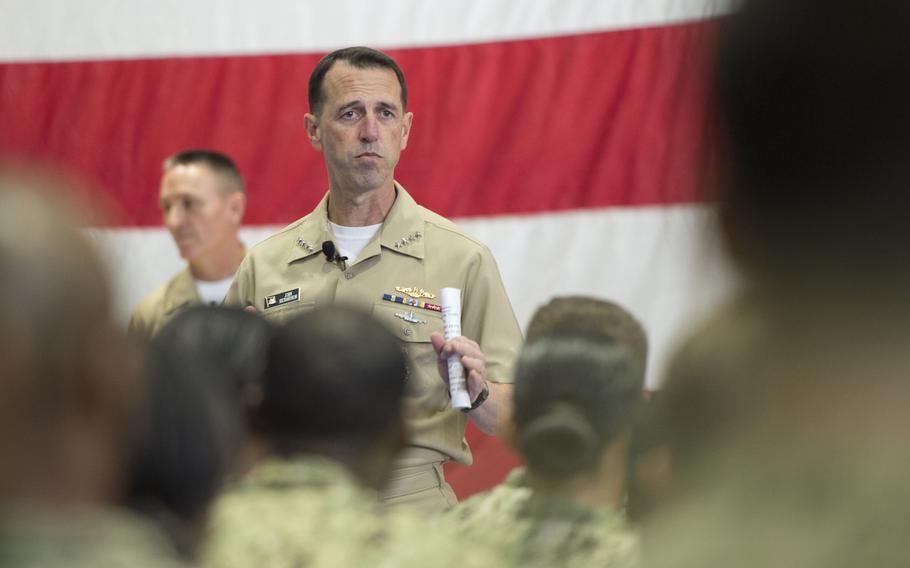 Chief of Naval Operations Adm. John Richardson talks to sailors and Marines during an all hands call at Naval Support Activity, Bahrain, on Sunday, Oct. 18, 2015.