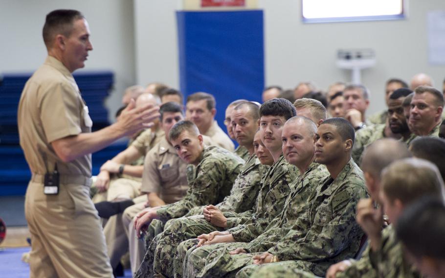 Master Chief Petty Officer of the Navy Mike Stevens talks to sailors and Marines during an all hands call at Naval Support Activity, Bahrain, on Sunday, Oct. 18, 2015.