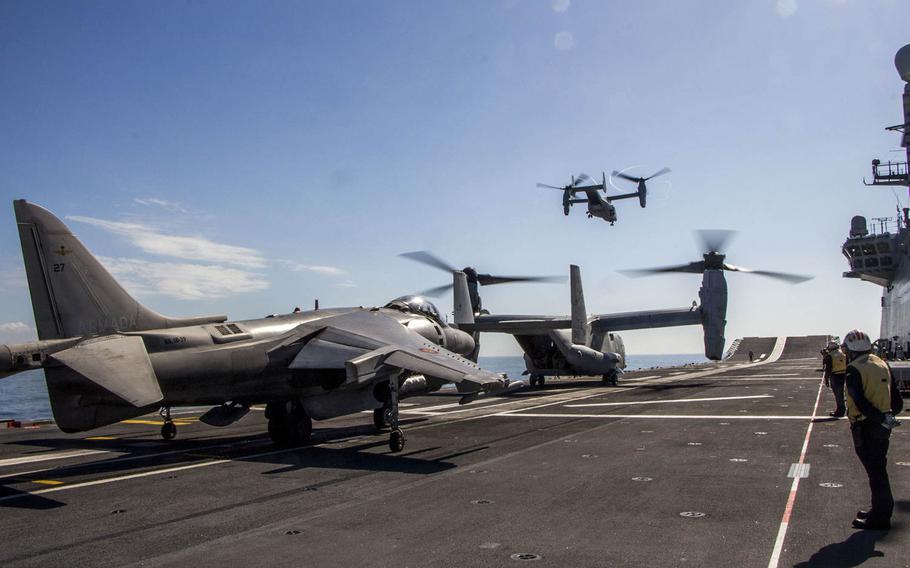 U.S. Marines with Special-Purpose Marine Air-Ground Task Force Crisis Response-Africa and Spanish Navy test rapid launch of three U.S. MV-22B Ospreys and two Spanish Harrier aircraft aboard the Spanish amphibious assault ship Juan Carlos I, Oct. 21, 2015.