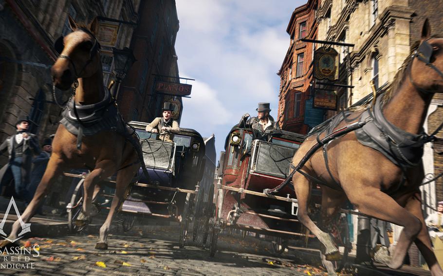 This version of Assassin's Creed features a new method of movement -- the horse-drawn carriage. It’s a speedy way to cross London. In many cases, you need to drag a carriage driver from his seat and commandeer his wheels. If you’re spotted by members of the Templars’ gang — the Blighters — or wary police, a freewheeling chase ensues. 