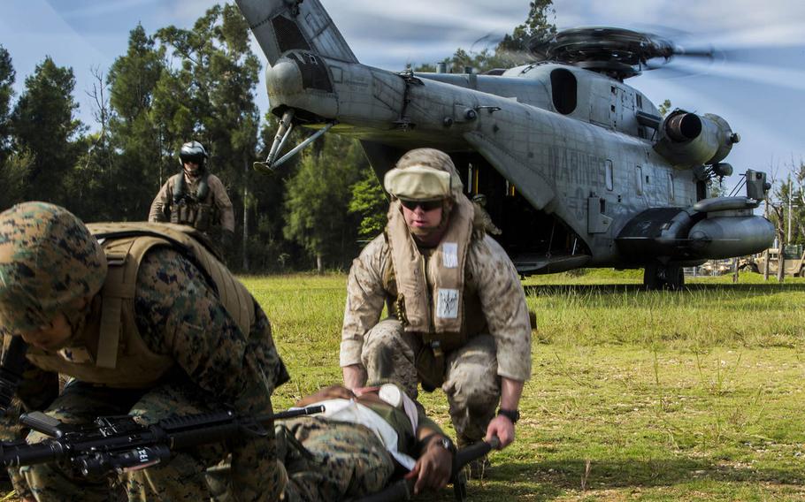 Lance Cpl. Gregory H. James was air evacuated while acting as the victim of a simulated chest puncture wound during Blue Chromite 2016, at Central Training Area, Okinawa, Japan, Oct. 29, 2015.