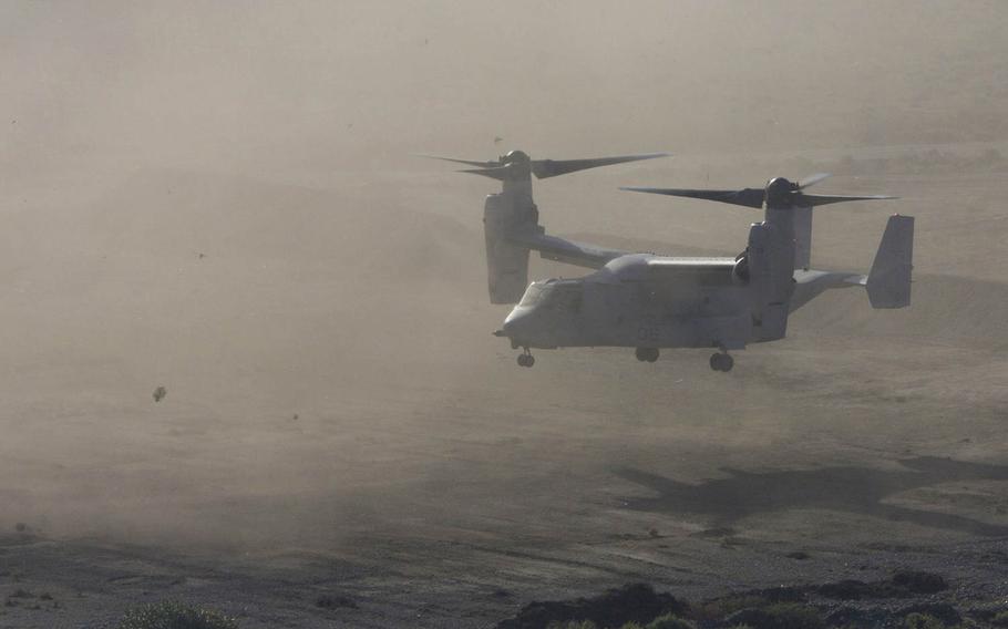 A U.S. Marine MV-22B Osprey, assigned to Marine Medium Tiltrotor Squadron 162, 26th Marine Expeditionary Unit, lands during a joint amphibious assault as part of exercise Egemen 2015 in Doganbey, Turkey, Oct. 27, 2015.