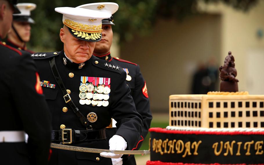 Commandant of the Marine Corps Gen. Robert B. Neller cuts the cake Nov. 9, 2015, at the Pentagon during a ceremony celebrating Corps' 240th birthday.
