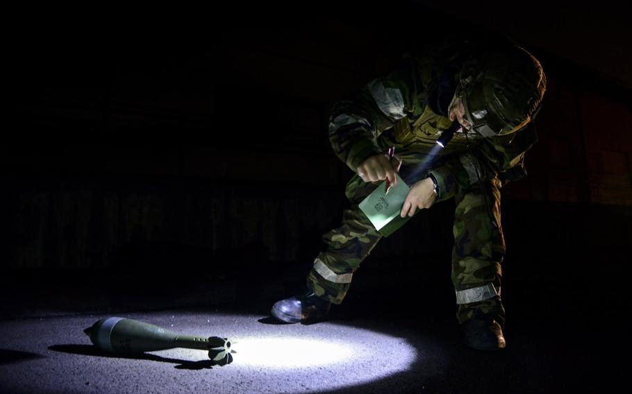 Airman 1st Class James Boyce, 51st Civil Engineer Squadron explosive ordnance disposal technician, inspects a simulated unexploded mortar round during exercise Vigilant Ace 16 at Osan Air Base, South Korea, Nov. 6, 2015. Vigilant Ace 16 is a U.S. and ROK combined exercise designed to enhance operational and tactical level coordination through combined, joint combat training.