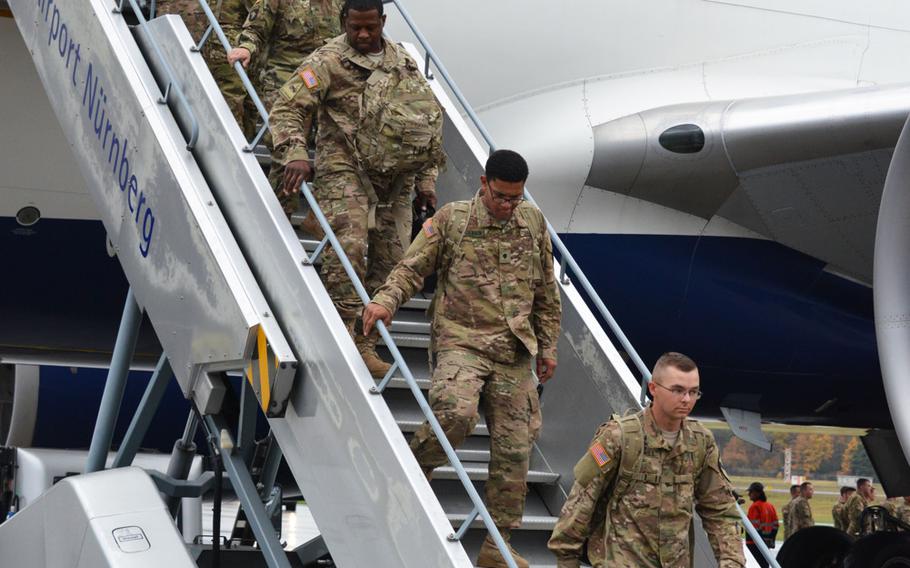 Soldiers of the 3rd Battalion, 227th Aviation Regiment, 1st Air Combat Brigade, 1st Cavalry Division arrive at Nuremberg Airport, Germany, Nov. 10, 2015. The battalion will support Operation Atlantic Resolve.