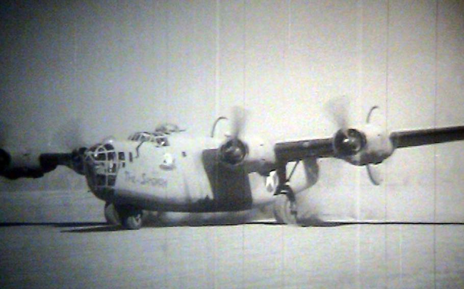 Pilot Bob Sternfels flew B-24 "The Sandman," shown in this screenshot from National Archives film, during the Aug. 1, 1943, low-level flying mission against Hitler's oil fields in Ploesti, Romania. Sternfels took off from the 98th Bomb Group's desert base in Libya.