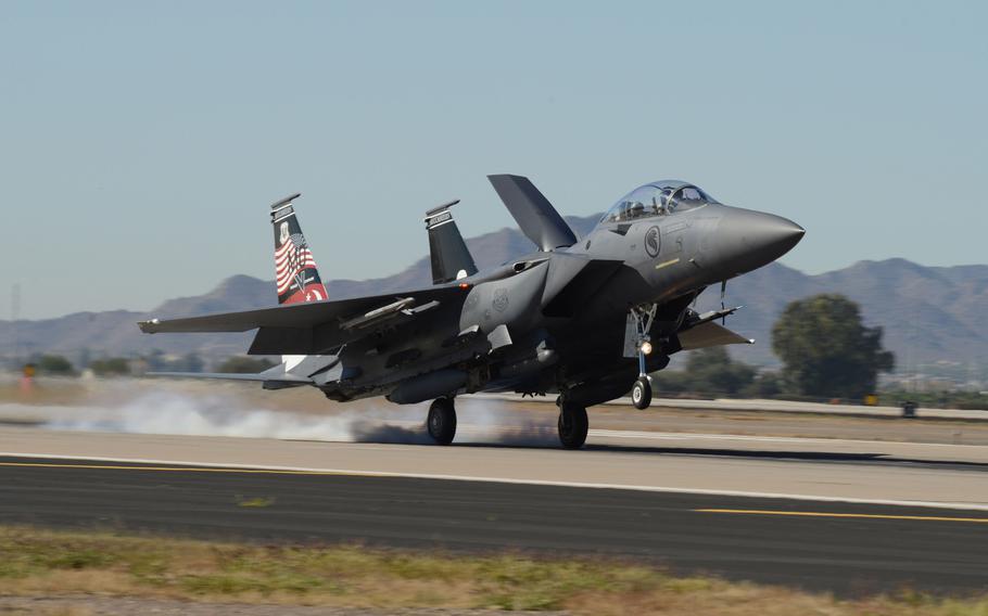 F-15 Fighting Eagles from the 428th Fighter Squadron arrived at Luke Air Force Base, Ariz., on Thursday, Nov. 19, 2015. The F-15s came in support of the training exercise Forging Saber, involving the 428th Fighter Squadron, 425th Fighter Squadron, and members of the Republic of Singapore's armed forces. The exercise will be held Dec. 1-13. 

James Hensley/U.S. Air Force