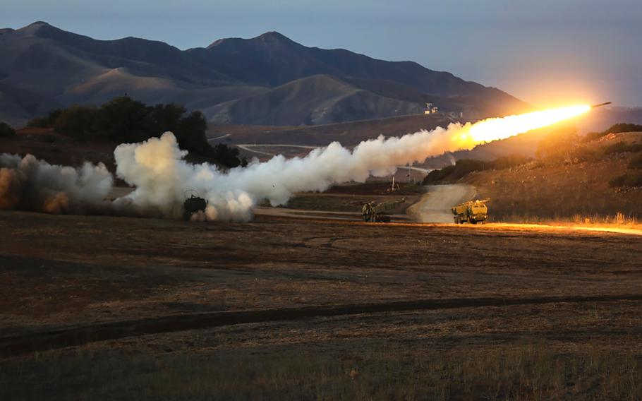 Marines fire a High-Mobility Artillery Rocket System in support of Steel Knight at Marine Corps Base Camp Pendleton, Calif., Dec. 4, 2015.