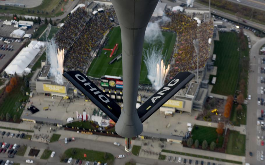 A KC-135R Stratotanker from the 121st Air Refueling Wing completes a flyover of the Mapfre Stadium in Columbus, Ohio, during the start of the Major League Soccer Cup final game on Sunday, Dec. 6, 2015. The Columbus Crew and the Portland Timbers played against each other for the championship cup.