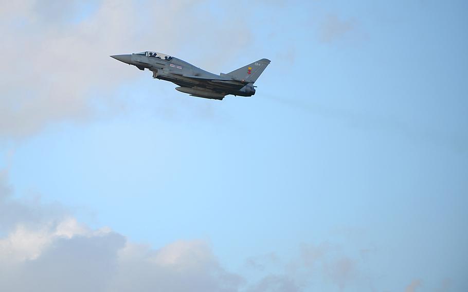 A Eurofighter Typhoon assigned to RAF Coningsby flies over RAF Lakenheath, England, on Tuesday, Dec. 8, 2015. Members of the U.S. 494th Fighter Squadron at Lakenheath trained with the RAF pilots to strengthen U.S. Air Force interoperability with the U.K. counterparts.