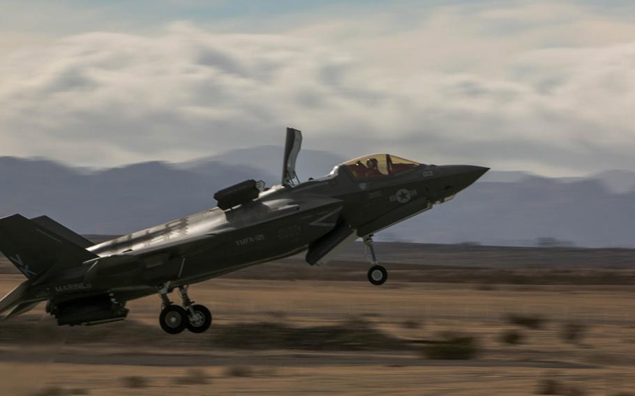 An F-35B Lightning II Joint Strike Fighter, Marine Fighter Attack Squadron 121, 3rd Marine Aircraft Wing,  performs a conventional take-off at the Strategic Expeditionary Landing Field during Exercise Steel Knight 2016 at the Combat Center, Dec. 11, 2015.