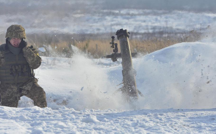 A 120mm mortar is fired Jan. 20, 2016, during mortar live-fire training at the International Peacekeeping Security Center near Yavoriv, Ukraine, as part of Fearless Guardian II.