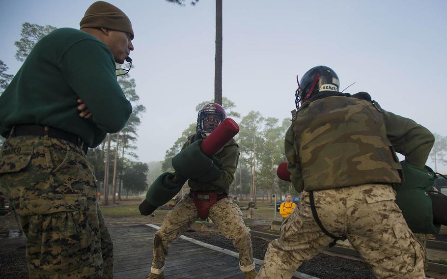 Joteail S. Grissett, Platoon 2016, Company H, 2nd Recruit Training Battalion, strikes an opponent during pugil stick training Jan. 26, 2016, at Parris Island, S.C.