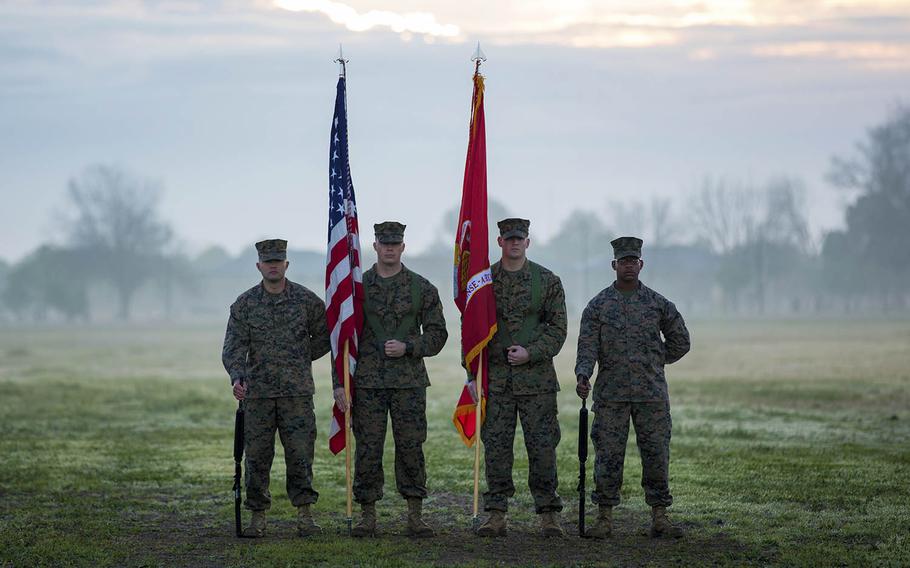 U.S. Marine Corps Special-Purpose Marine Air-Ground Task Force Crisis Response- Africa color guard awaits the start of the transfer of authority, at Mor?n Air Base, Spain, Jan. 26, 2016.
