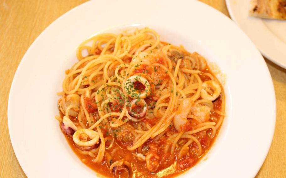 Seafood spaghetti is among the delicious entree options at Modern Pasta, near Yokota Air Base, Japan.