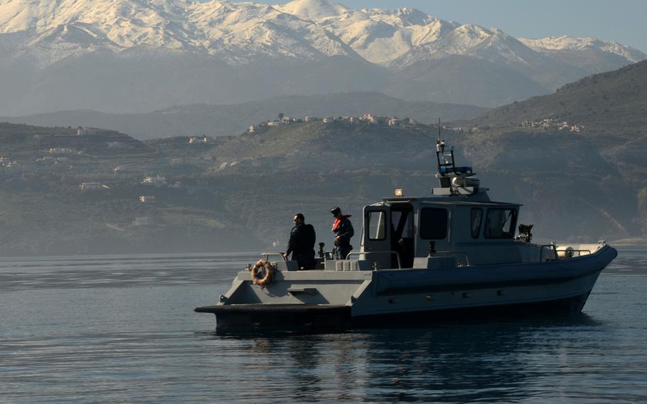 Sailors assigned to Naval Support Activity Souda Bay Harbor Security perform a routine patrol of Souda Bay aboard a 36-foot patrol boat Feb. 2, 2016.