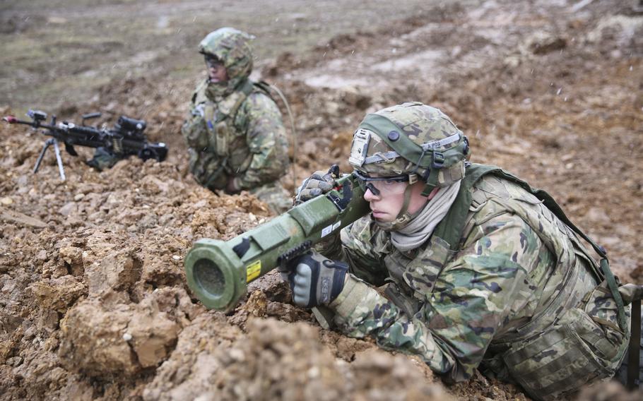 U.S. soldiers of 2nd Squadron, 2nd Cavalry Regiment provide security while defending an attack position during exercise Allied Spirit IV at the U.S. Army's Joint Multinational Readiness Center at Hohenfels Training Area, Germany, Jan. 31, 2016.
