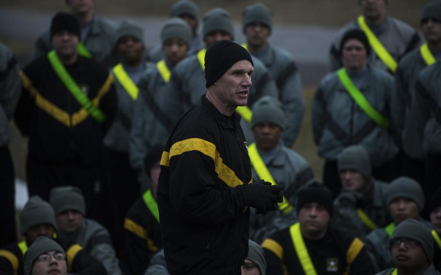 Sgt. Maj. of the Army Daniel Dailey speaks to soldiers at the 10th Mountain Division Sustainment Brigade after running with them Feb. 4, 2016. Dailey made his first trip to 10th Mountain Division and Fort Drum, Feb. 3 and 4.