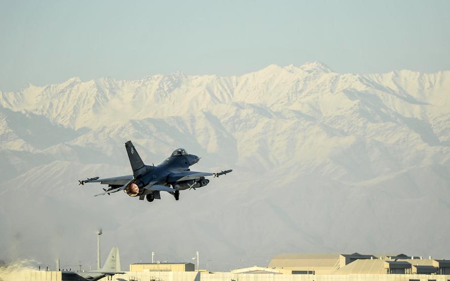 An F-16 Fighting Falcon from the 421st Expeditionary Fighter Squadron launches for a combat sortie at Bagram Air Field, Afghanistan, Feb. 1, 2016. The 421st EFS, based out of Bagram, is the only dedicated fighter squadron in the country and continuously supports Operation Freedom?s Sentinel and the NATO Resolute Support mission.