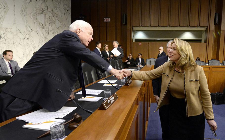 Secretary of the Air Force Deborah Lee James greets Sen. John McCain, R-Ariz., before a Senate Armed Services Committee hearing Jan. 27, 2016, in Washington.