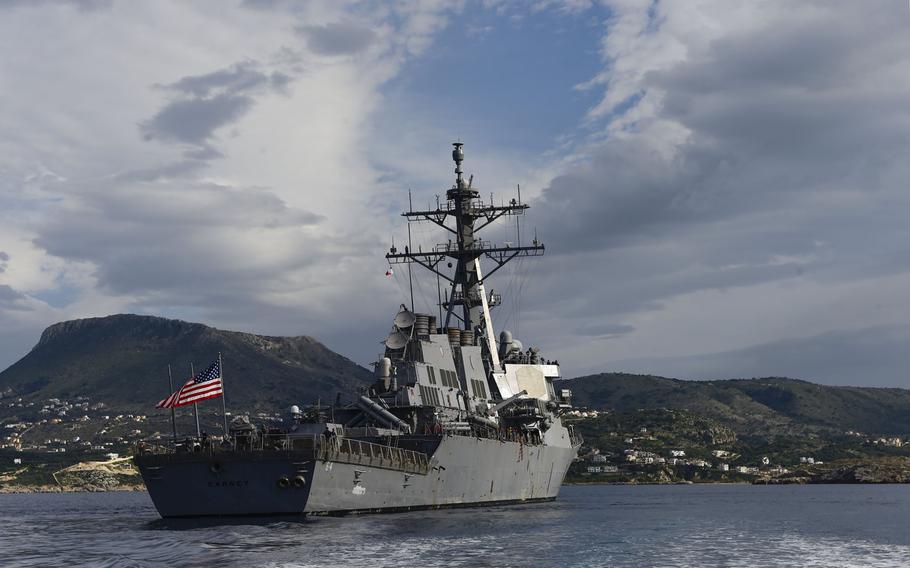 USS Carney anchors off the coast of Crete, Greece, on Feb. 14, 2016. Carney, an Arleigh Burke-class guided-missile destroyer, forward deployed to Rota, Spain, is conducting a routine patrol in the U. S. 6th Fleet area of operations in support of U.S. national security interests in Europe.