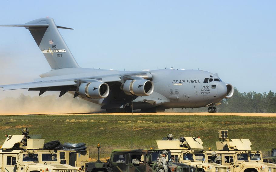 A U.S. Air Force C-17 Globemaster lands at the Geronimo Landing Zone during Green Flag 16-04 at Fort Polk, La., Feb. 17, 2016. Green Flag exercises provide airmen, soldiers, Marines and NATO members with the most realistic, tactical-level, joint combat employment training tailored to mobility Air Force needs.