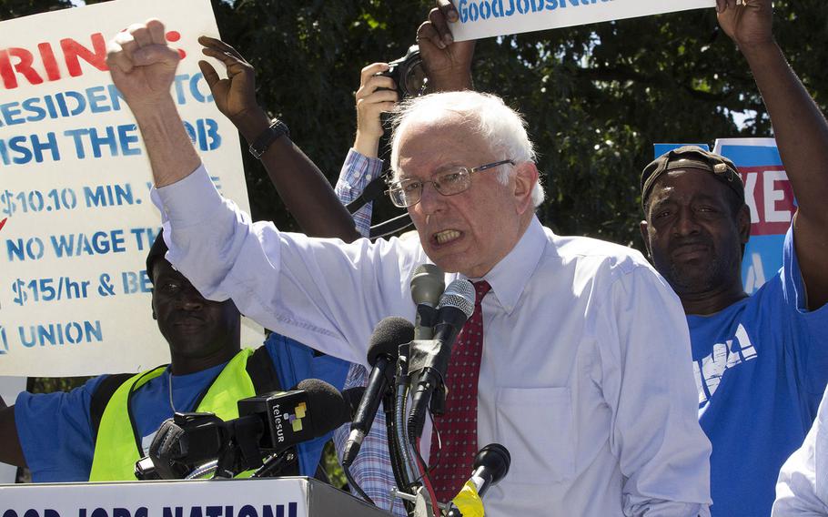 Sen. Bernie Sanders, I-Vt., speaks at a minimum-wage rally on Capitol Hill in July, 2015.