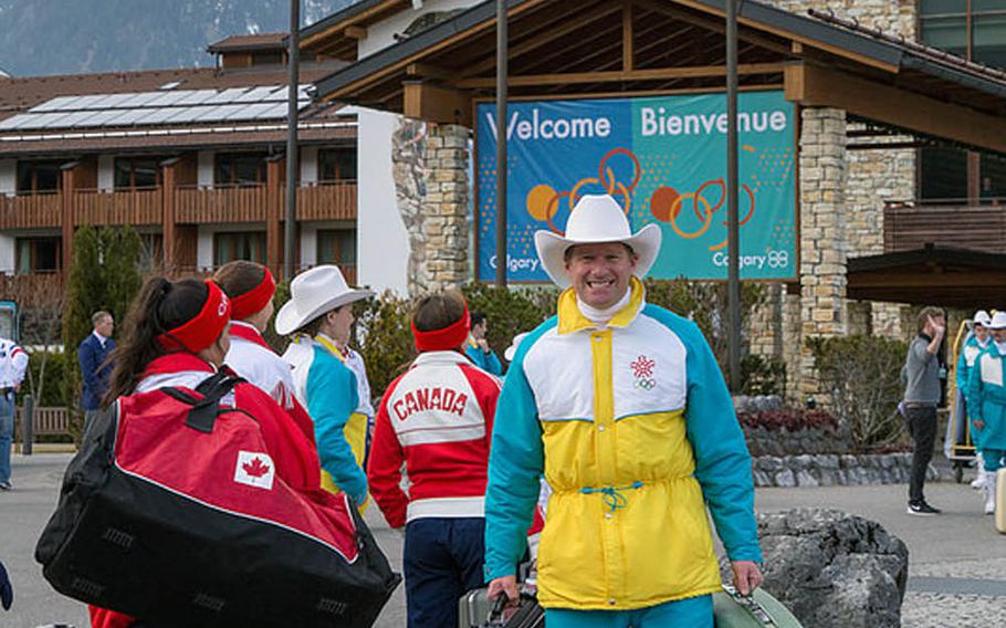 Edelweiss staff member Barry Main, sporting a 1980s-style ski outfit, stands outside Edelweiss Lodge and Resort in Garmisch-Partenkirchen, Germany. Barry portrayed an Olympic usher in the movie "Eddie the Eagle," which used the resort, owned by the Department of Defense, to portray the 1989 Calgary Olympic headquarters.