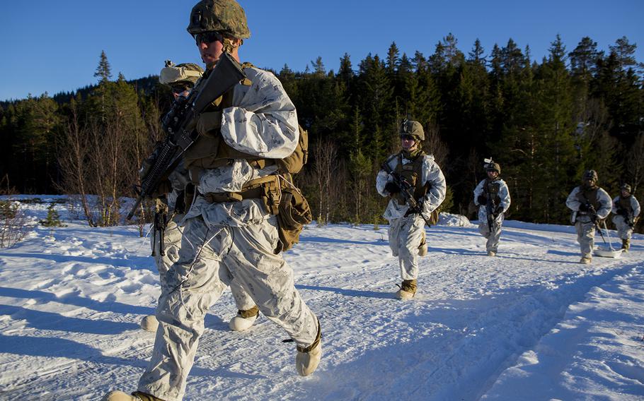 U.S. Marines with 2nd Marine Division, conduct a platoon assault drill on a range at Frigard, Norway, on Feb. 22, 2016.