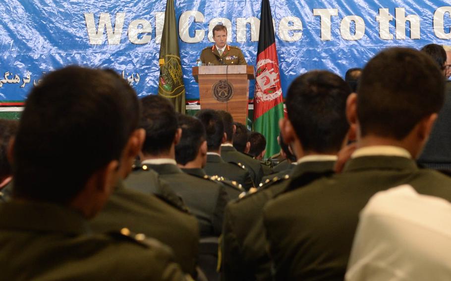 Maj. Gen. Paul Nanson of Britain's Royal Military Academy, Sandhurst, addressed graduates of the Afghan National Army Officer Academy on Thursday, Feb. 25, 2016.