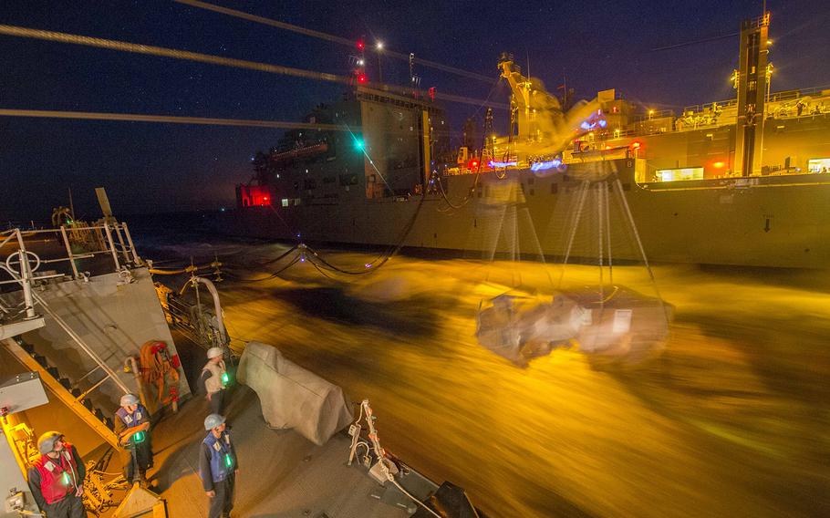 The guided-missile destroyer USS Bulkeley receives fuel and cargo from dry cargo ship USNS Medgar Evers during a replenishment-at-sea on Feb. 25, 2016.