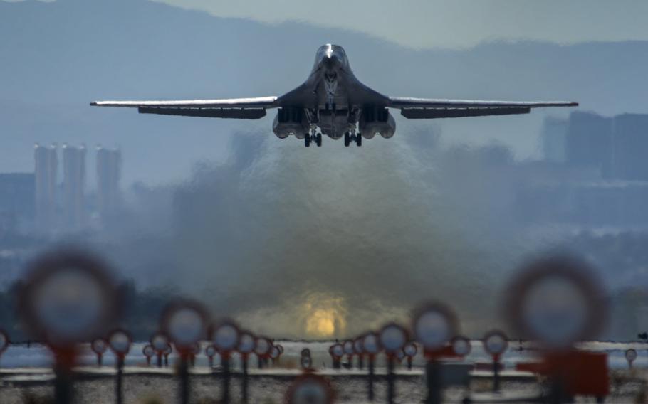 A B-1B Lancer assigned to the 28th Bomb Wing, Ellsworth Air Force Base, S.D., takes off on the first day of Red Flag 16-2 at Nellis Air Force Base, Nev., Feb. 29, 2016.