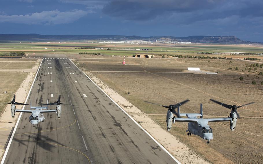 MV-22 Ospreys with Marine Medium Tiltrotor Squadron 263, Special-Purpose Marine Air-Ground Task Force-Crisis Response-Africa take off from Albacete airport, Spain, en route to La Felipe drop zone in order to participate in exercise Sky Soldier on Saturday, Feb. 27, 2016