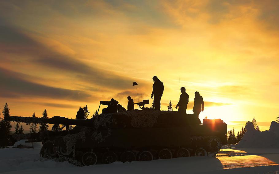 Norwegian Leopard tank crews from the Telemark Battalion prepare for a live-fire exercise in Rena, Norway, Feb. 18, 2016. The U.S. Marines and Norwegians are preparing for Exercise Cold Response 16.