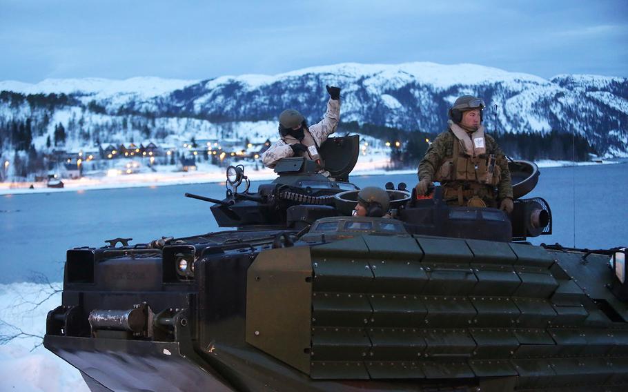 U.S. Marine amphibious assault vehicles supported NATO allies and partners with ship-to-shore capabilities through the Namsos fjord during Exercise Cold Response 16, Thursday, March 3, 2016.