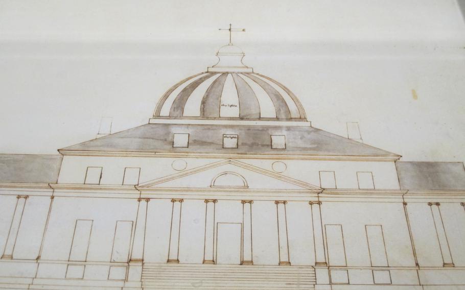 Among Jefferson's sketches in the Palladio Museum exhibit exploring Thomas Jefferson's architectural work is a design he submitted in a 1792 competition to design the President's House.