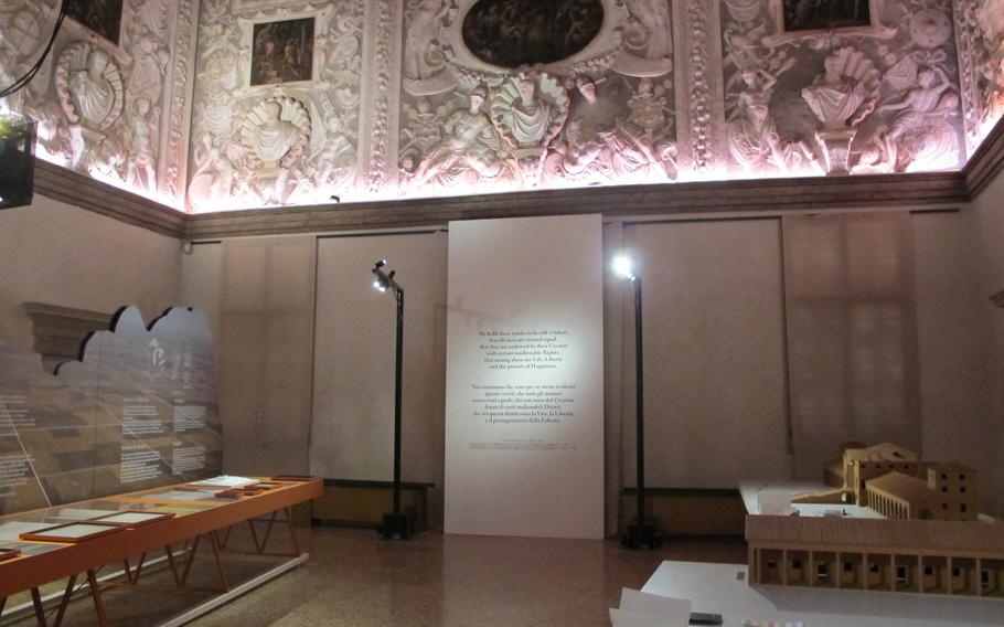 One room of the exhibit about Thomas Jefferson in the Palladio Museum displays the words of the Declaration of Independence along with models of its author's design for the University of Virginia.
