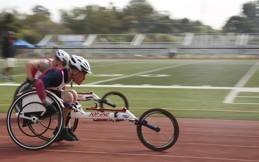Lance Cpl. Dakota Boyer, a Wounded Warrior Battalion-West member from Petoskey, Mich., competes during the wheelchair 100-meter race during the Marine Corps Trials aboard Marine Corps Base Camp Pendleton, Calif., March 4, 2016.