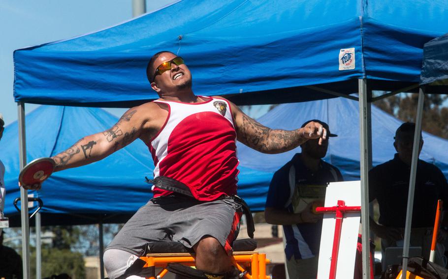 U.S. Marine Corps veteran Alex Nguyen, a Fremont, Neb., native with Wounded Warrior Battalion?East, throws the discus at the field competition during the 2016 Marine Corps Trials aboard Marine Corps Base Camp Pendleton, Calif., on March 9, 2016. The Marine Corps Trials allows wounded, ill, and injured Marines and veterans to come together in friendly competition to build camaraderie through a variety of sporting events.